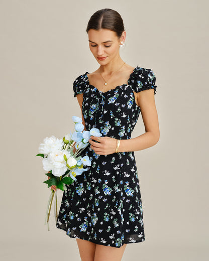 Vestido Mini Túnica Floral Negro con Escote en V