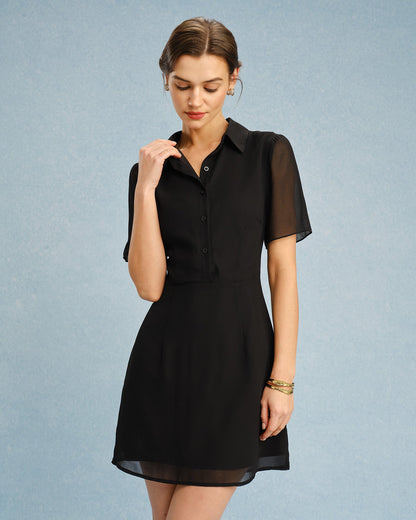 Vestido Mini con Cuello y Botón Negro