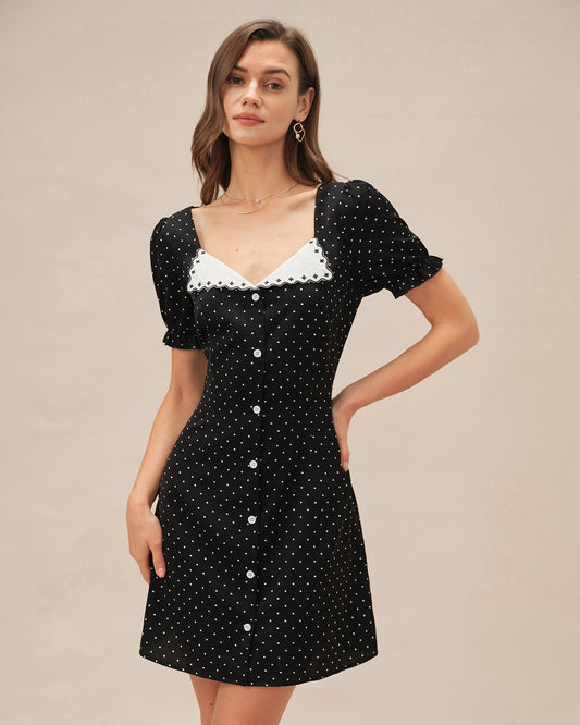 Vestido Mini de Lunares Negro con Escote en V