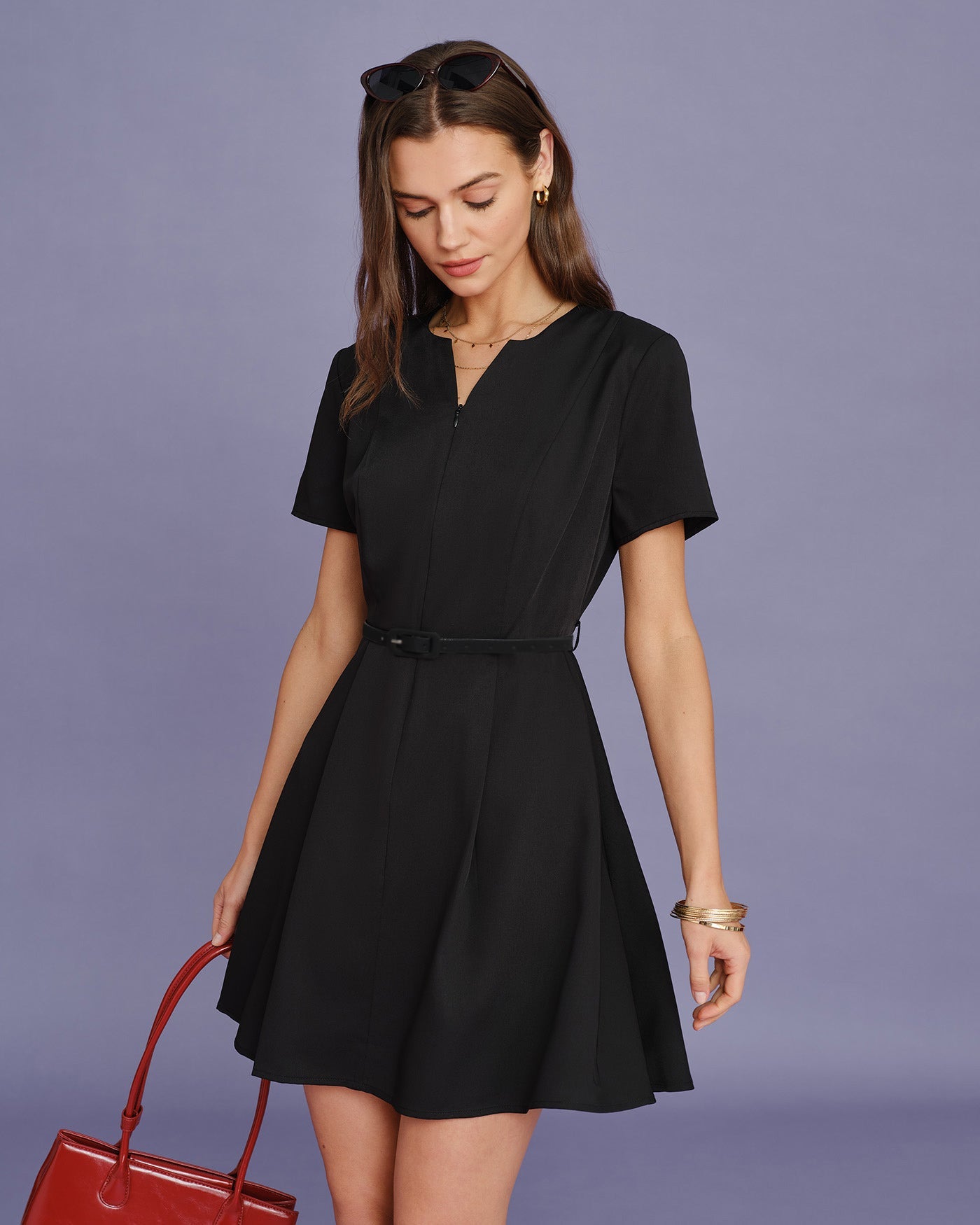 Vestido Mini Fruncido Cinturón Negro