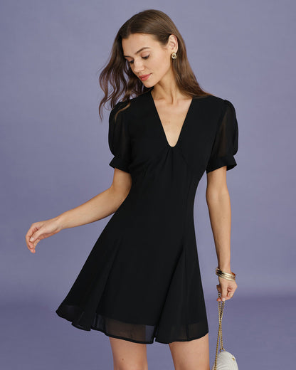 Vestido Mini de Manga Abullonada con Escote en V Negro
