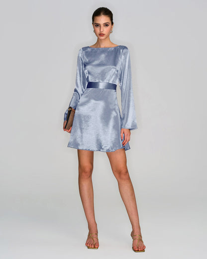 Vestido Mini de Satén con Cuello Barco Azul