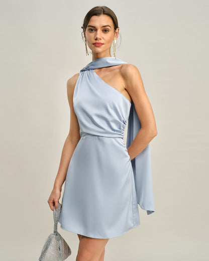Vestido Mini de Satén Azul de Un Hombro