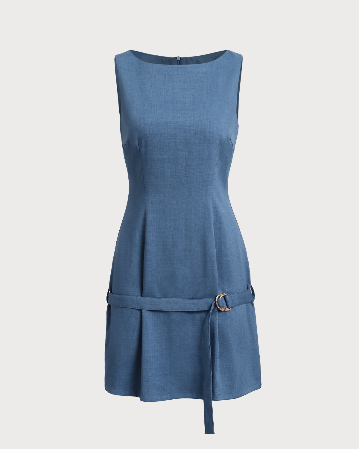 Vestido Mini Azul con Cuello Barco y Cinturón