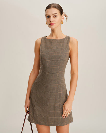 Vestido Mini Sin Mangas a Cuadros Marrón