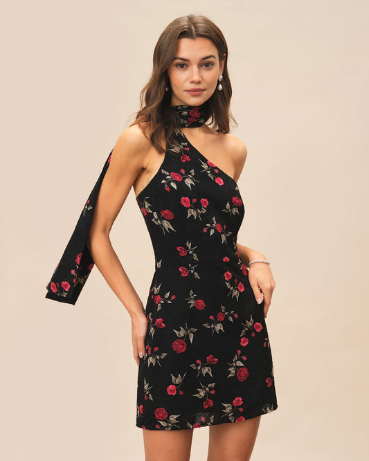 Vestido Mini Jacquard Negro de Un Hombro