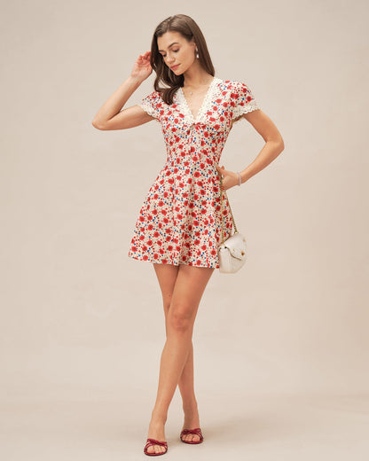 Vestido Mini de Encaje Floral con Cuello en V Rojo