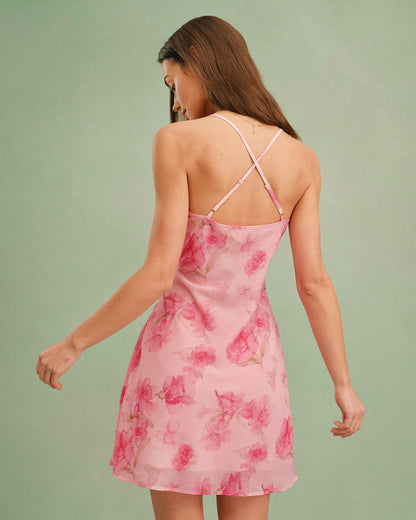 Vestido Mini Slip Floral con Cuello de Cowl Rosa