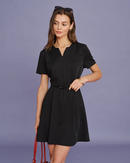 Vestido Mini Fruncido Cinturón Negro