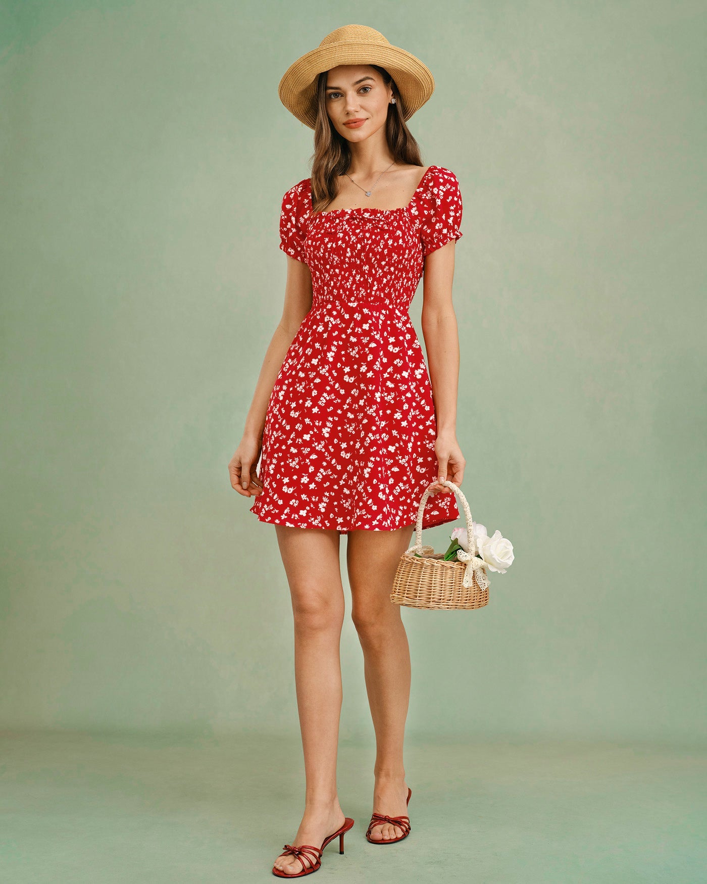 Vestido Mini Floral de Cuello Cuadrado Rojo