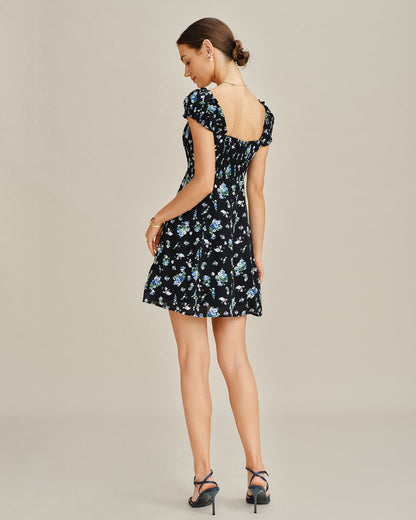 Vestido Mini Túnica Floral Negro con Escote en V
