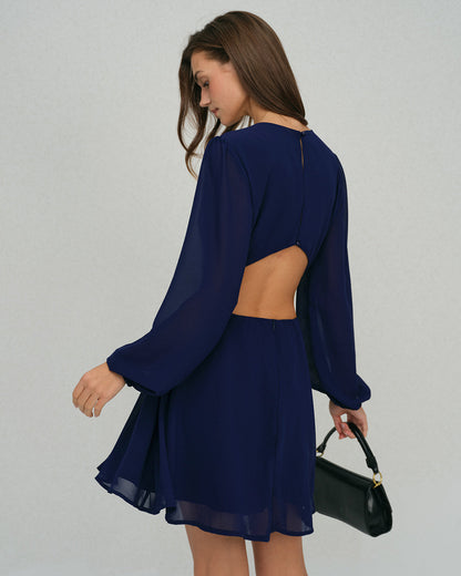 Vestido Mini A-Line de Chifón Azul Sin Espalda