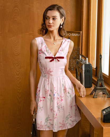 Vestido Mini Sin Mangas con Lazo Floral Rosa