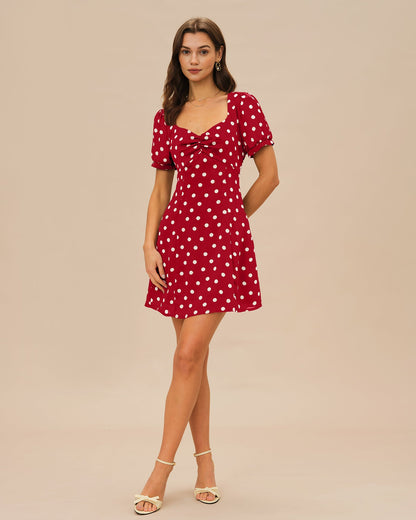 Vestido Mini de Lunares con Mangas Abullonadas Rojas