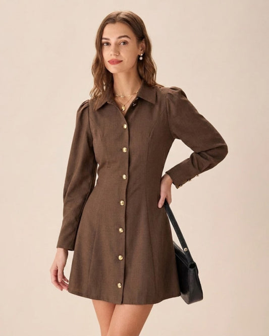 Vestido Mini con Botón y Corbata Marrón
