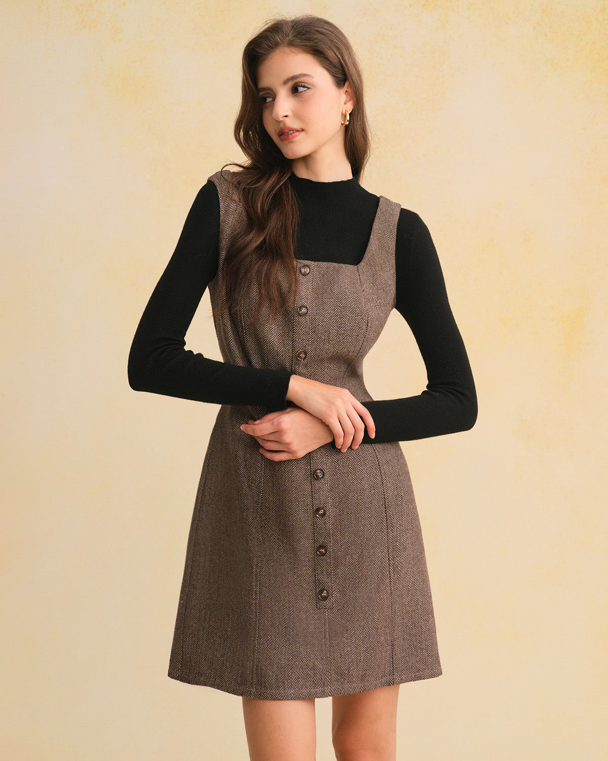 Vestido Mini Sin Mangas con Escote Cuadrado Marrón
