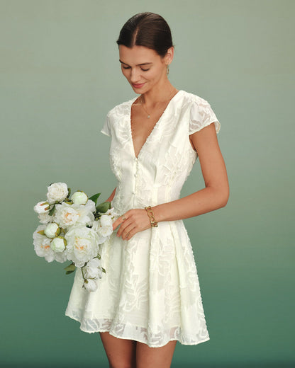 Vestido Mini Texturizado con Escote en V Color Albaricoque