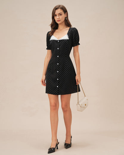 Vestido Mini de Lunares Negro con Escote en V