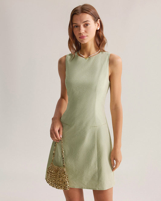 Vestido Mini Sin Mangas de Cuello Barco Verde