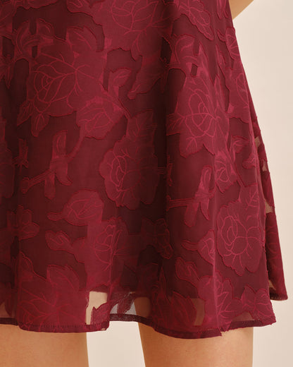 Vestido Mini Jacquard de Cuello Cuadrado Color Rojo Vino