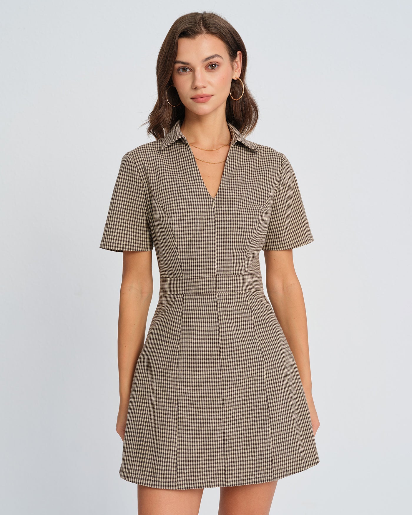 Vestido Mini de Cuadros Marrón con Cuello