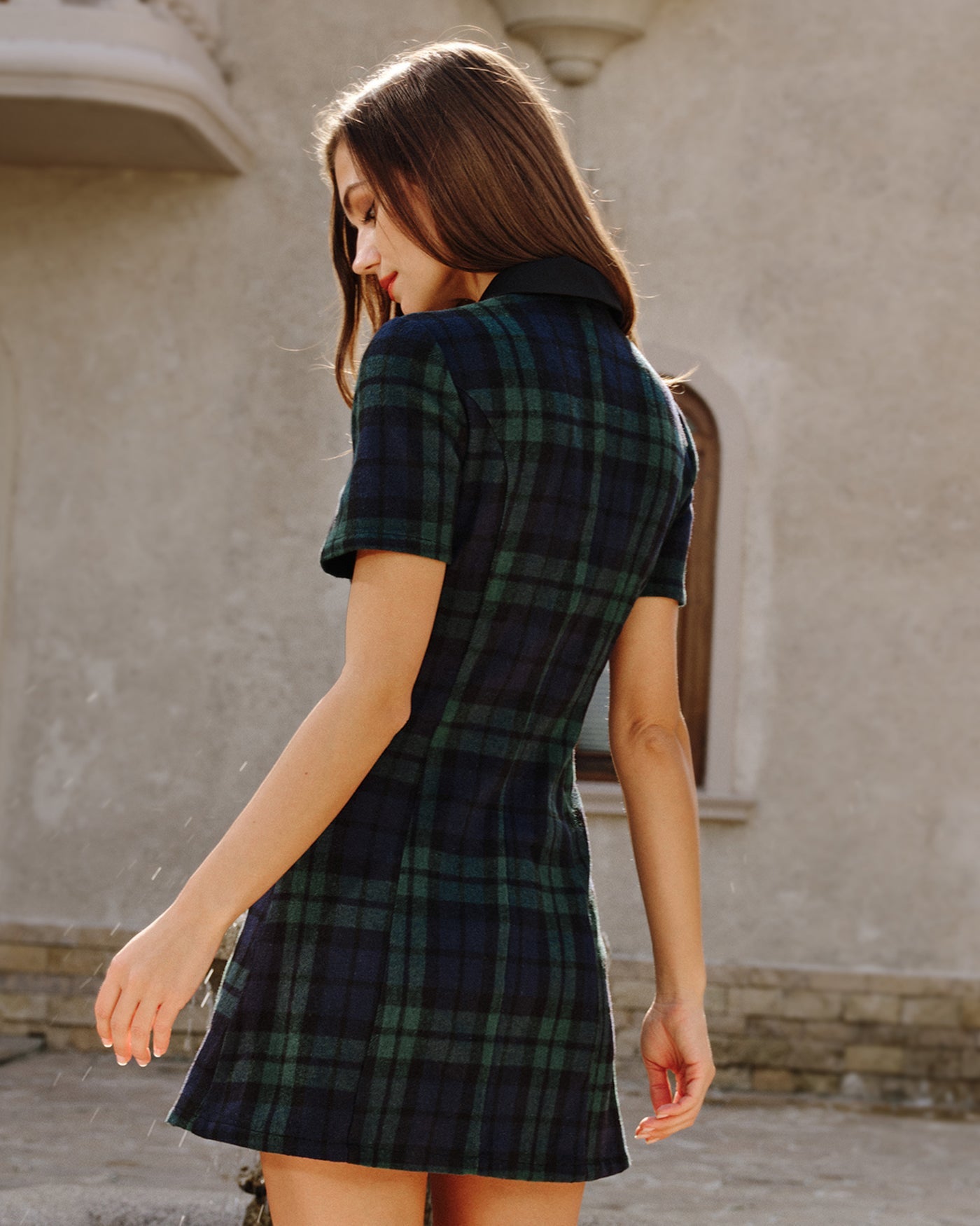 Vestido Mini de Cuello a Cuadros Verde