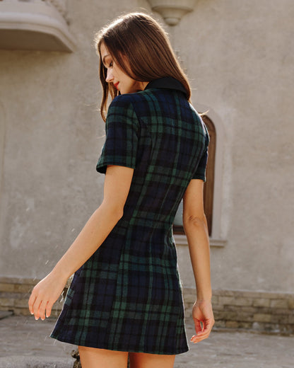 Vestido Mini de Cuello a Cuadros Verde