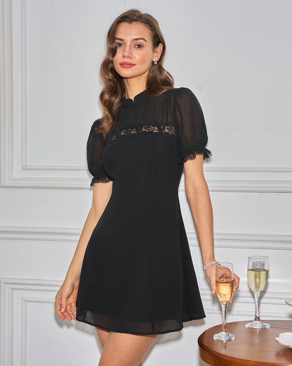 Vestido Mini de Cuello Mandarin Negro