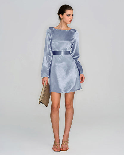 Vestido Mini de Satén con Cuello Barco Azul
