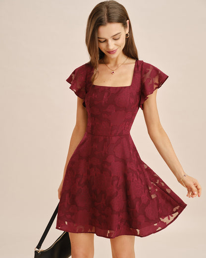 Vestido Mini Jacquard de Cuello Cuadrado Color Rojo Vino