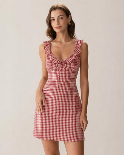 Vestido Mini Deslizante de Cuello en V a Cuadros Rojo