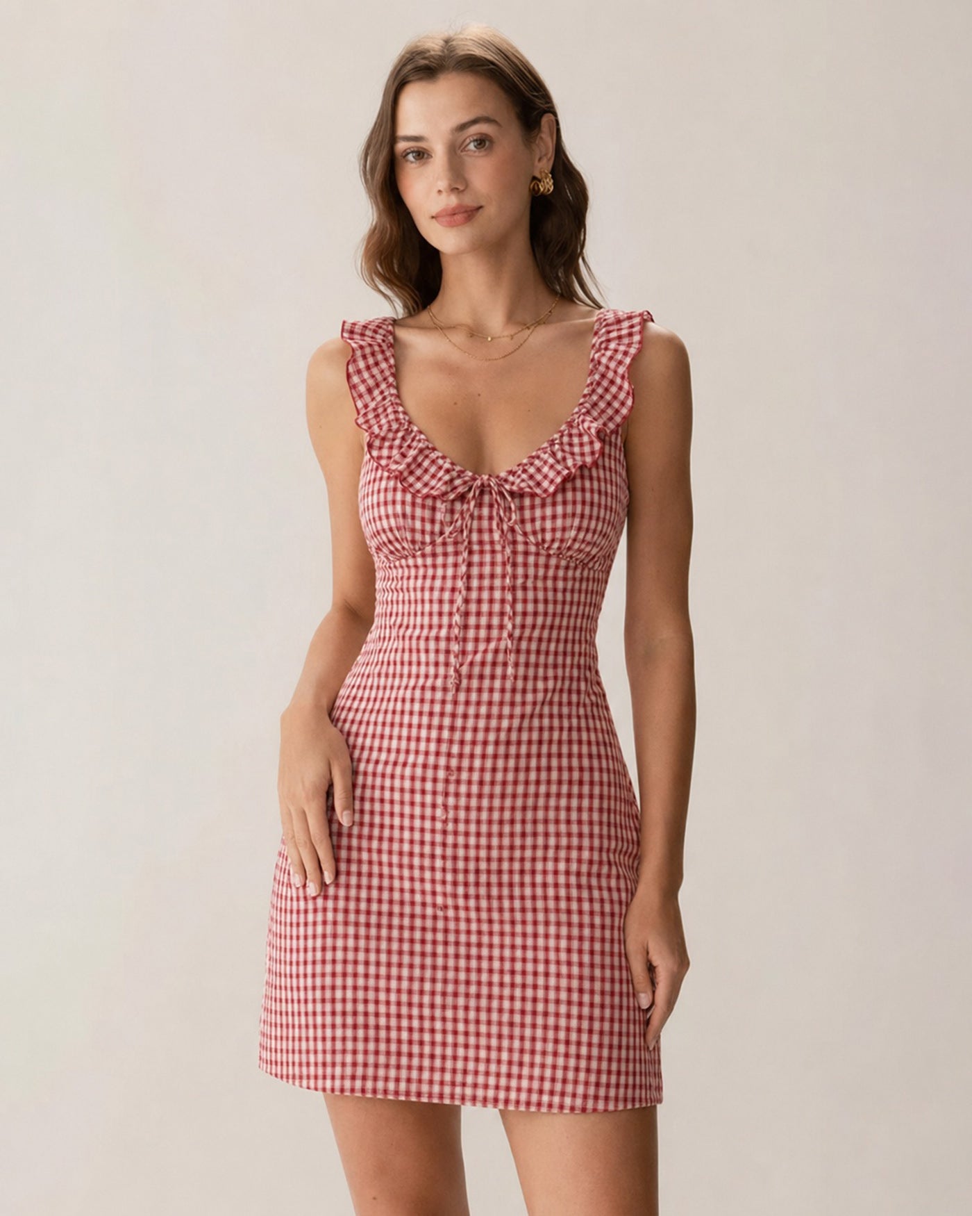 Vestido Mini Deslizante de Cuello en V a Cuadros Rojo