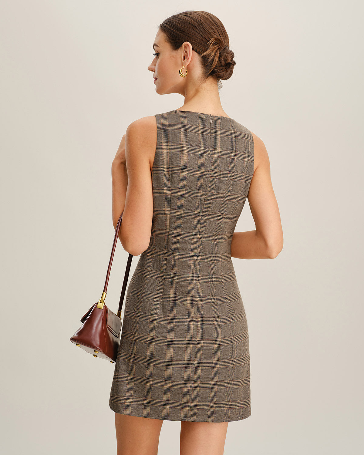Vestido Mini Sin Mangas a Cuadros Marrón