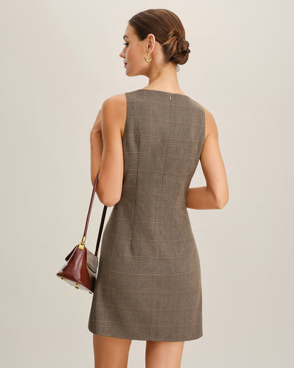 Vestido Mini Sin Mangas a Cuadros Marrón