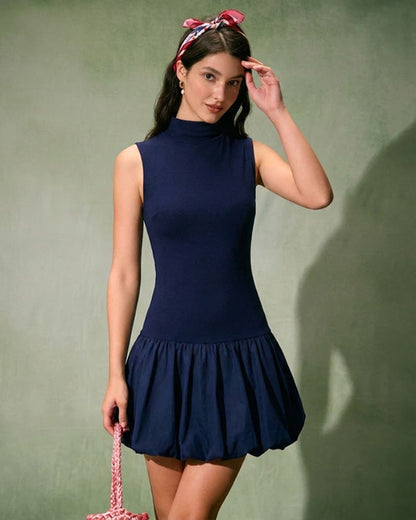 Vestido Mini Con Cuello Alto Arrugado Marinho
