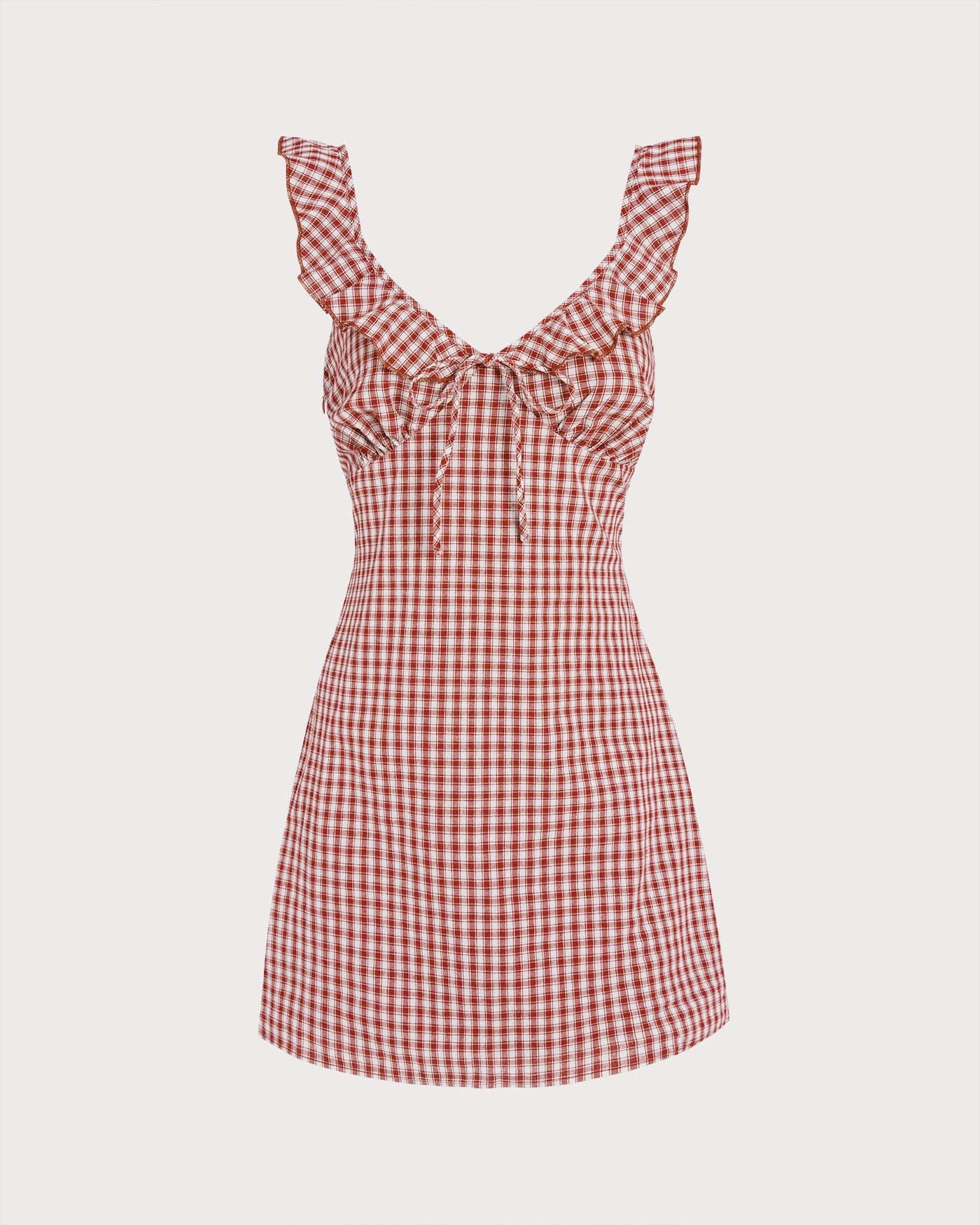 Vestido Mini Deslizante de Cuello en V a Cuadros Rojo