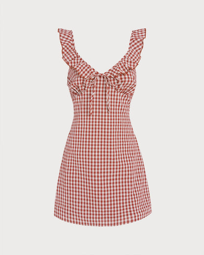 Vestido Mini Deslizante de Cuello en V a Cuadros Rojo