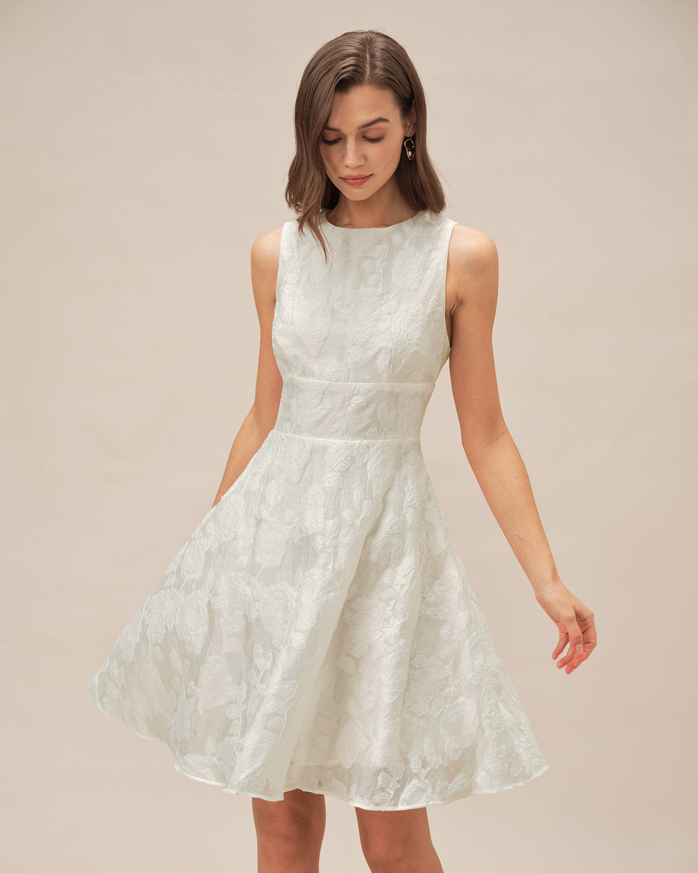 Vestido Mini Jacquard de Cuello Redondo Blanco
