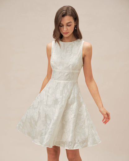 Vestido Mini Jacquard de Cuello Redondo Blanco