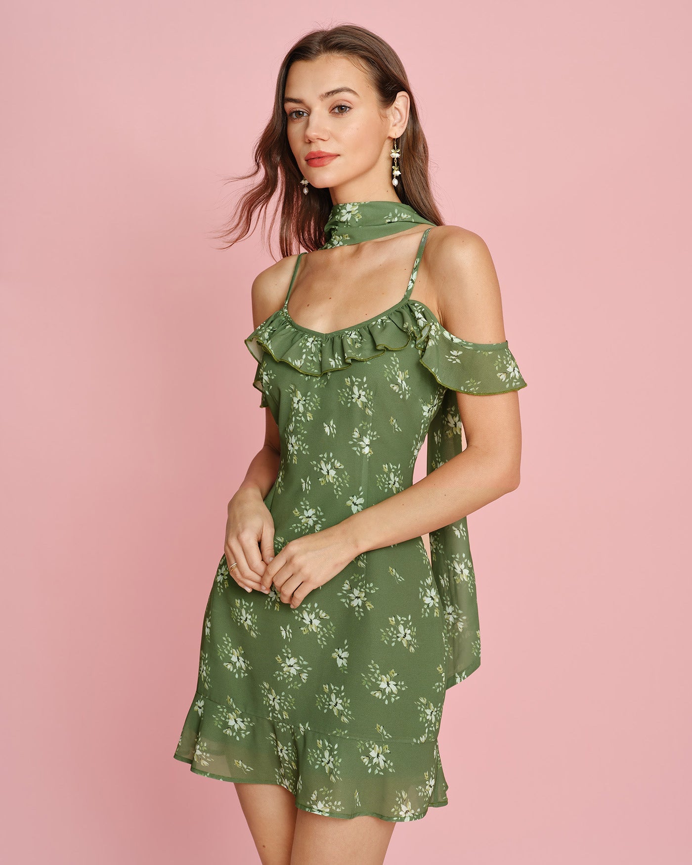 Vestido Mini de Chifón Floral Verde