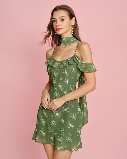 Vestido Mini de Chifón Floral Verde