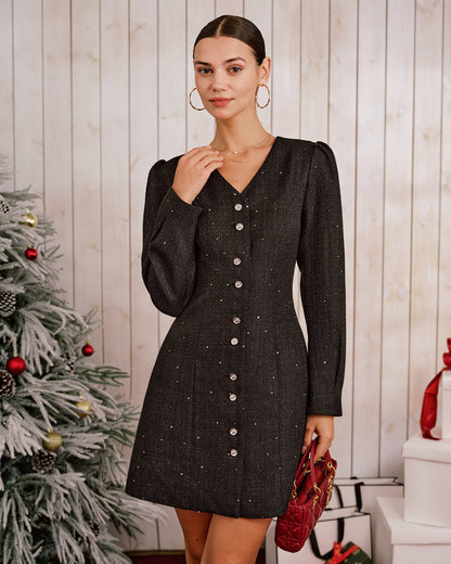 Vestido Mini de Lentejuelas con Escote en V Negro