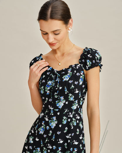 Vestido Mini Túnica Floral Negro con Escote en V