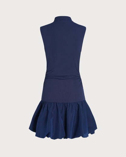 Vestido Mini Con Cuello Alto Arrugado Marinho