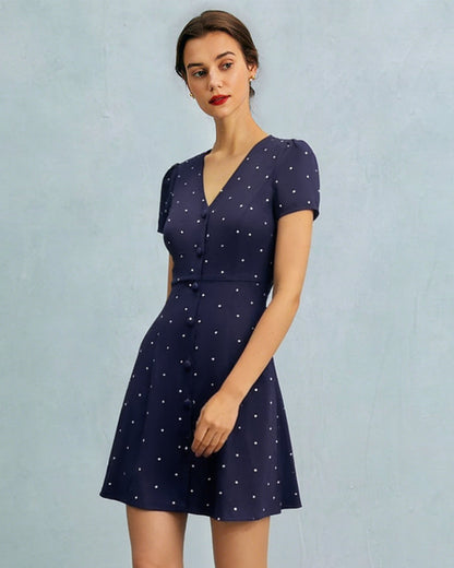 Vestido Mini de Botones con Cuello en V y Lunares Azules