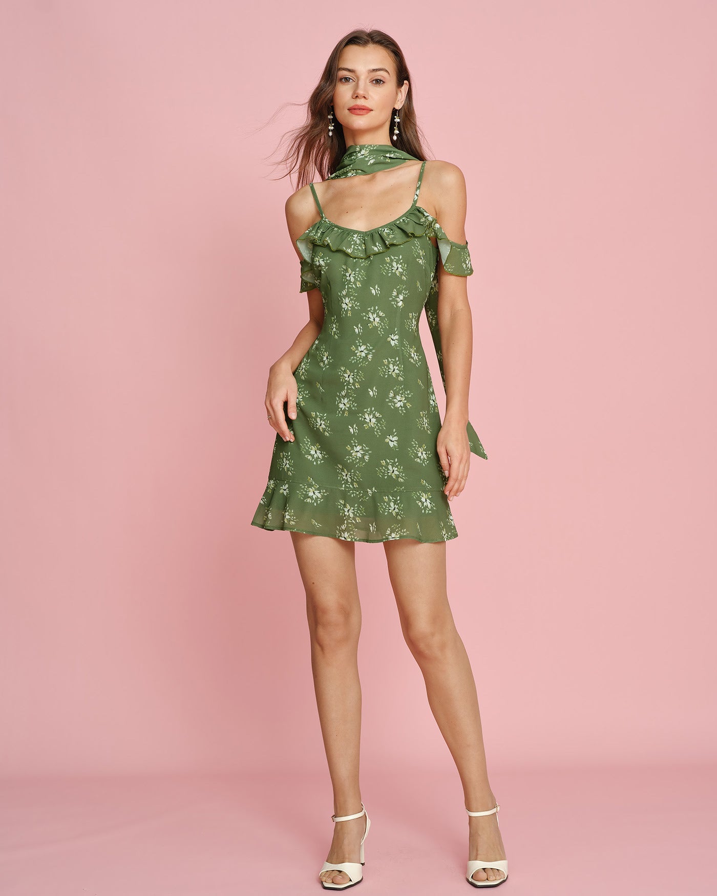 Vestido Mini de Chifón Floral Verde