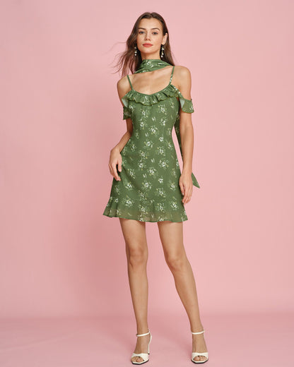 Vestido Mini de Chifón Floral Verde