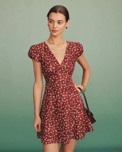 Túnica Mini Vestido Jacquard Cuello en V Rojo