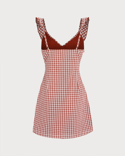 Vestido Mini Deslizante de Cuello en V a Cuadros Rojo