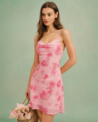 Vestido Mini Slip Floral con Cuello de Cowl Rosa